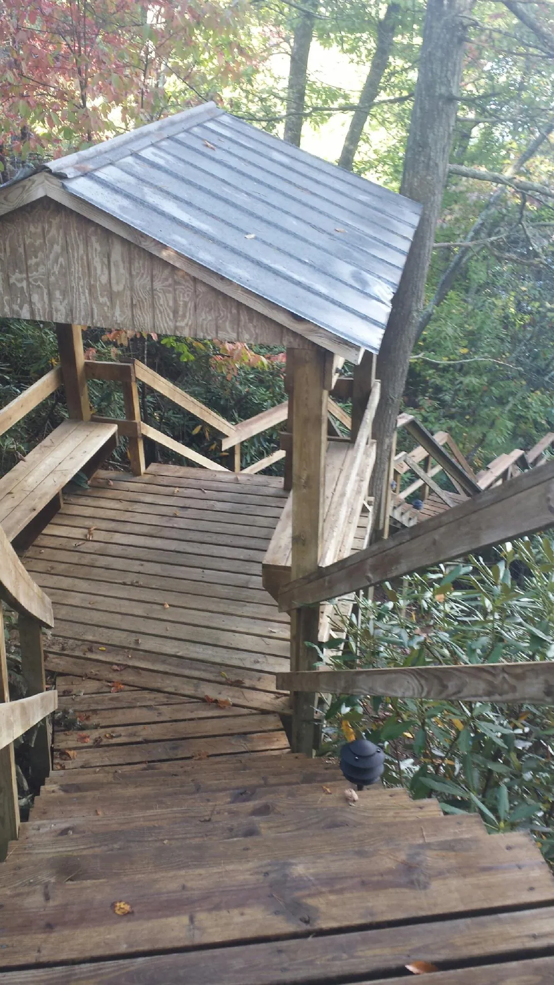 Metal roofed shelter over wooden steps on a wooded walkway — Skylight Repair & Installation work by our crew in Walnut